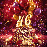 Bright balloons rise over gift boxes and roses while the golden 46 and Happy Birthday lettering shine with falling confetti in the animation