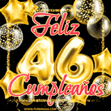 A large of balloons in various shapes, sizes, and colors with the words 'Happy Birthday' and a number 46