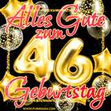 A vibrant greeting card featuring colorful balloons in the background with the large number '46' and the words 'Happy Birthday!' in glowing, bold text