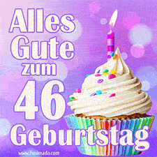 Ein lebendiges Geburtstags-GIF mit einem dekorierten Cupcake, einer Kerze und der Zahl 46 auf einem bunten Hintergrund.