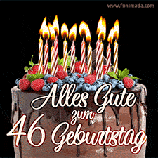 Das Geburtstags-GIF zeigt einen Schokoladenkuchen mit Beeren und Kerzen zur Feier eines 46. Geburtstags.