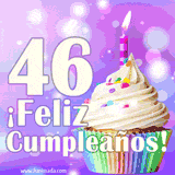 Animación de un cupcake con cobertura blanca, confites de colores, una vela encendida y el número 46 en grande sobre un fondo púrpura con luces brillantes.