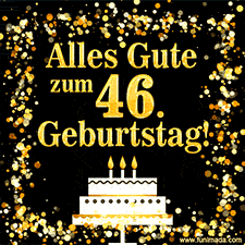 Dieses lebhafte Geburtstags-GIF zeigt eine Torte mit Kerzen, goldenem Konfetti und der Zahl 46.
