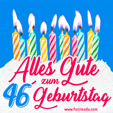 Ein buntes Geburtstags-GIF mit strahlenden Kerzen auf einer festlichen Torte zur Feier des 46.