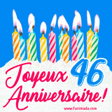 GIF animé joyeux anniversaire pour 46 ans avec des bougies colorées allumées, un fond bleu vif et le texte 'Joyeux Anniversaire 46!' en écriture élégante.