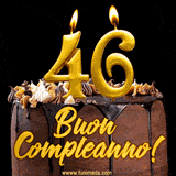 GIF animato con una torta al cioccolato decorata con crema, dettagli dorati e due candele accese che formano il numero 46. Messaggio 'Buon Compleanno' in scritta elegante.