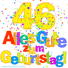 Geburtstags-GIF mit animierten bunten Sternen, der großen Zahl 46 und dem mehrfarbigen Text 'Alles Gute zum Geburtstag'.