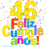 GIF festivo lleno de confeti de colores, el número 46 grande en amarillo y la frase 'Feliz cumpleaños' en letras multicolores y brillantes.