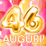 Bouquet animato di palloncini multicolori che emergono da una scatola regalo, con il numero 46 e la scritta 'Tanti Auguri!' su uno sfondo pieno di coriandoli.