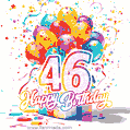 Animated star-shaped confetti, multicolor balloons, and a gift box in a joyful 46th birthday GIF