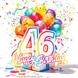 A festive birthday age GIF with animated star confetti, colorful balloons, and a gift box with the number 46. The text reads 'Happy Birthday'.