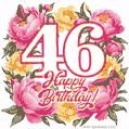Animated 46th birthday GIF featuring a wreath of beautiful peonies, perfect for her special day