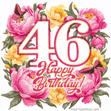 A celebratory GIF image features the animated number '46' and the words 'Happy Birthday!' surrounded by pink and yellow flowers. Two moving butterflies are included in this festive design.