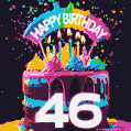 Chocolate cake with number 46 adorned with vibrant multicolored frosting, candles, and a rainbow topper