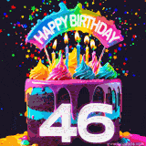 Chocolate cake with cyan layers, pink dressing and a big number 46 adorned with vibrant multicolored frosting, lit candles, and a rainbow topper with text that says 'Happy Birthday'. Animated colorful confetti move behind the cake.