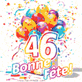 Des confettis animés, des ballons multicolores et un coffret cadeau dans un joyeux GIF de 46e anniversaire
