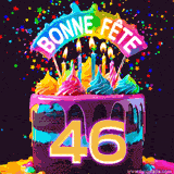 GIF animé pour un 46e anniversaire avec un gâteau au chocolat recouvert de glaçage arc-en-ciel, des bougies allumées, et le texte 'Bonne Fête' sur un fond étoilé et festif.