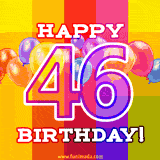 A birthday cake with lit candles is shown with colorful balloons and animated confetti.