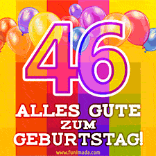 Große Zahl 35 in Umrissschrift, die Worte 'Alles Gute zum 46. Geburtstag', mehrfarbige animierte Ballons und lebendiger Hintergrund.