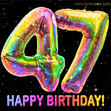 Shiny number 47 birthday celebration balloons with an iridescent glow and glitter on a black background with twinkling stars.