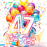 Animazione con palloncini colorati e scintillanti, accompagnata dal numero 47 in caratteri grandi e luminosi, e la scritta 'Tanti Auguri!' in stile vivace.