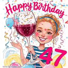 An animated birthday GIF featuring a smiling cartoon woman holding a glass of wine. Text reads 'Happy Birthday 47' surrounded by colorful balloons and confetti.