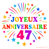 GIF animé joyeux anniversaire 47 ans avec étoiles multicolores et feu d’artifice