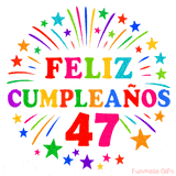 Imagen animada para felicitar los 47 años con letras de colores y diseño festivo.
