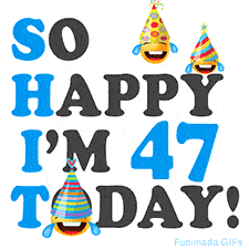 A fun birthday animation celebrating turning 47 with colorful party hats, smiling faces, and cheerful emojis.