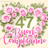 GIF per il 47° compleanno con un cuore di rose rosa e scritta elegante
