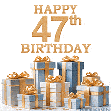 Festive animated eCard with elegant 'Happy 47th Birthday' text above a pile of luxurious blue, white, and gold gift boxes and presents.