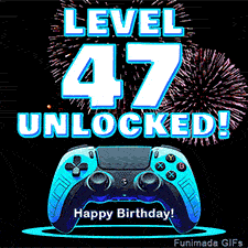 Animated GIF for a 47 birthday. The text 'Level 47 Unlocked!' and 'Happy Birthday!' are displayed over a blue video game controller with exploding fireworks in the background.