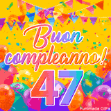 Un GIF animato per un 47° compleanno, Presenta il testo 'Buon Compleanno 47' su uno sfondo giallo vivo con palloncini colorati, festoni e una pioggia di coriandoli.