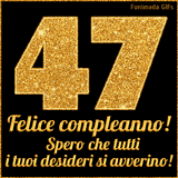 Un GIF animato per un 47° compleanno, Presenta il testo 'Buon Compleanno 47' su uno sfondo giallo vivo con palloncini colorati, festoni e una pioggia di coriandoli.