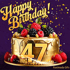 A delicious-looking animated birthday card for a 47th birthday, decorated with raspberries, blackberries, and gold details, Stars sparkle and fall, with 'Happy Birthday!' text above.