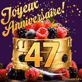 Une animation de célébration d'un gâteau de 47ème anniversaire, Des étoiles dorées tombent du ciel, mettant en valeur le texte 'Joyeux Anniversaire !' et le nombre doré 47 à l'avant du gâteau.