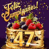 Una animación de celebración de una tarta para el 47º cumpleaños, Estrellas doradas caen del cielo, destacando el texto '¡Feliz Cumpleaños!' y el número dorado 47 en la tarta.