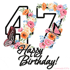 A floral 47th birthday animated greeting card. The number '47' is surrounded by animated flowers and butterflies, creating a beautiful and cheerful way to celebrate the milestone.