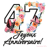 Ce GIF de Joyeux 47ème Anniversaire présente le nombre vingt rempli d'un bouquet vibrant de fleurs animées, avec des papillons qui bougent doucement sur un fond blanc.