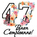 Questo GIF di Buon 47° Compleanno mostra il numero venti riempito con un vibrante bouquet di fiori animati, con farfalle che si muovono dolcemente su uno sfondo bianco.