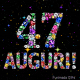 Il numero 47 e l'espressione Auguri disegnati da pietre preziose scintillanti su uno sfondo nero con piccole stelle luminose.
