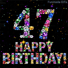 Sparkling multi-colored gems build the digit 47 and Happy Birthday words, contrasting against a black space filled with small flashing bright color sparks.