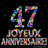 Le chiffre 47 et l'expression Joyeux Anniversaire dessinés par des pierres précieuses brillantes sur un fond noir avec de petites étoiles lumineuses.