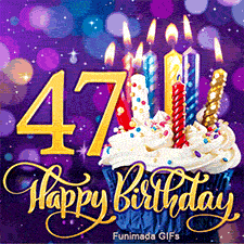 Golden number 47 and Happy Birthday script next to a cupcake with white frosting and lit candles, set against a glowing purple lighted background.