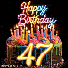 Animated GIF of a revolving rainbow cake for 47th birthday decorated with lit candles and glowing yellow number 47.