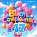 In un cielo azzurro luminoso, un insieme di palloncini a motivi presenta l'iscrizione Buon Compleanno e il numero azzurro 47 sospeso.
