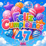 Tarjeta virtual 47 años: globos de corazones y estrellas flotando libremente con el número 47 azul brillante.