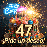 El número 47 dorado sobre un apetitoso pastel. Las chispas de una bengala y las estrellas descendiendo resaltan junto al texto Feliz Cumpleaños.