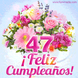 GIF de un colorido ramo de flores rosas, lilas y blancas, con el número 47 destacado en rosa y el mensaje '¡Feliz cumpleaños!' en un estilo encantador.