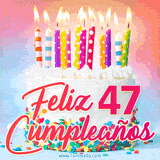 GIF animado con un pastel blanco decorado con confites y velas de colores encendidas, acompañado de la frase 'Feliz 47 cumpleaños' sobre un fondo alegre.